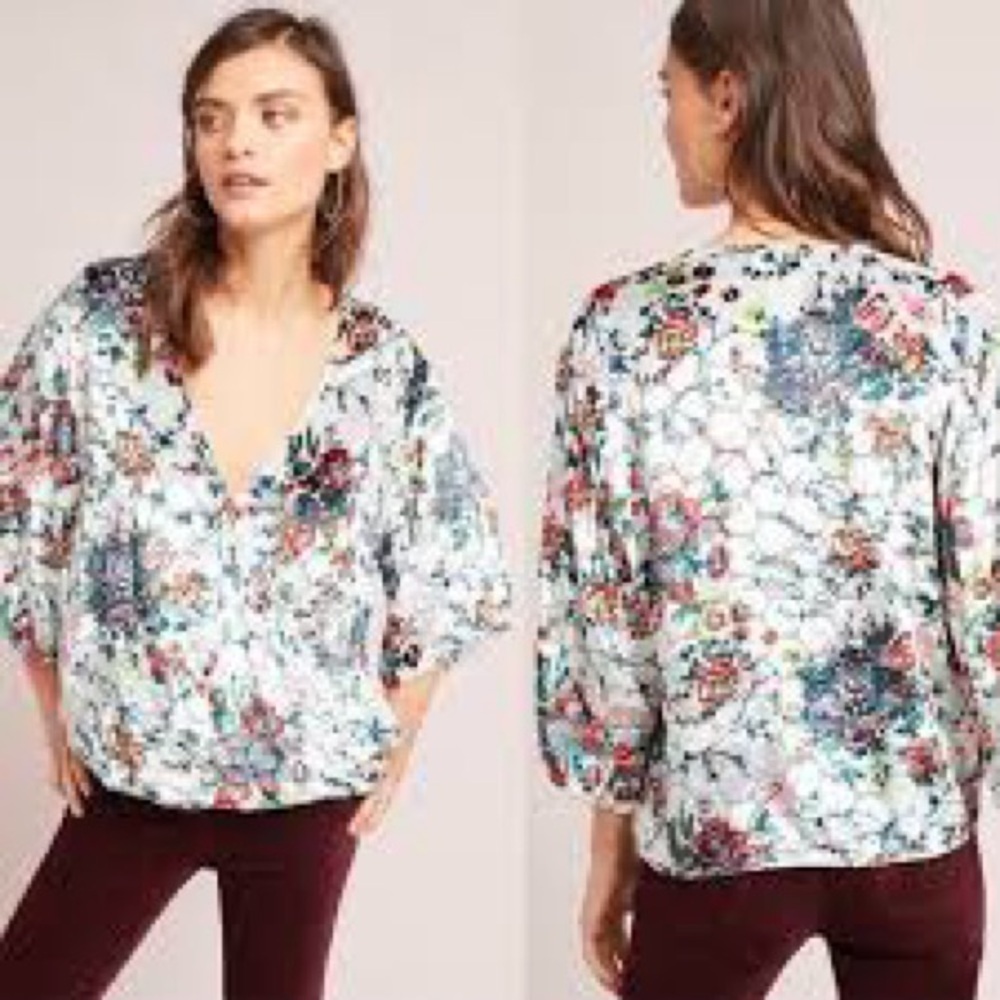 Anthropologie Maeve Blouse Silk Burnout Oversized Floral Wrap Boho Romantic L